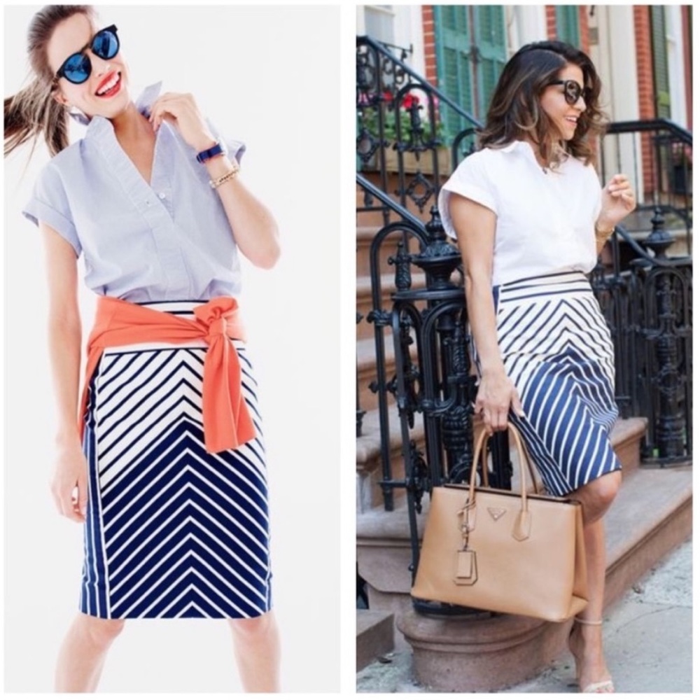 J. Crew Navy and White Chevron Pencil Skirt